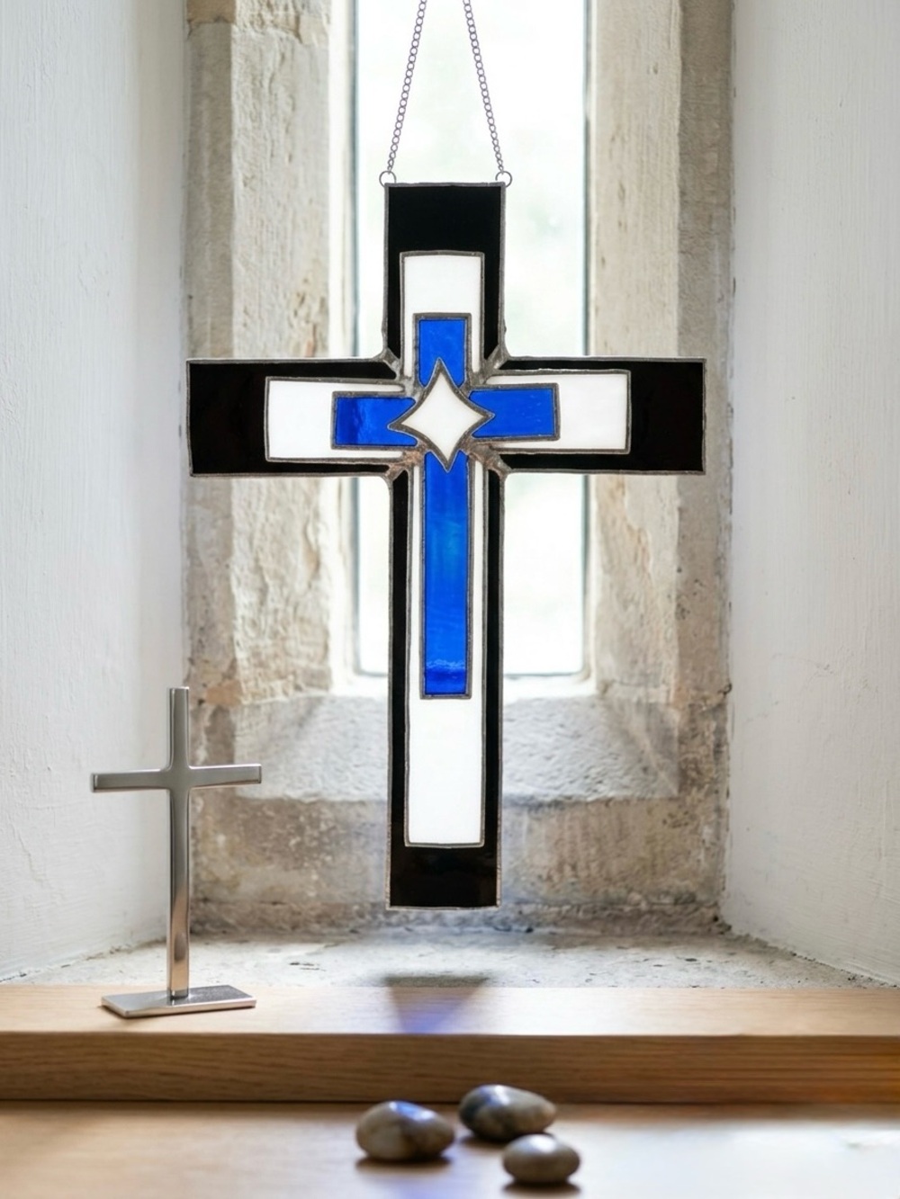 Stained Glass Cross Wall Art - White & Dark Blue